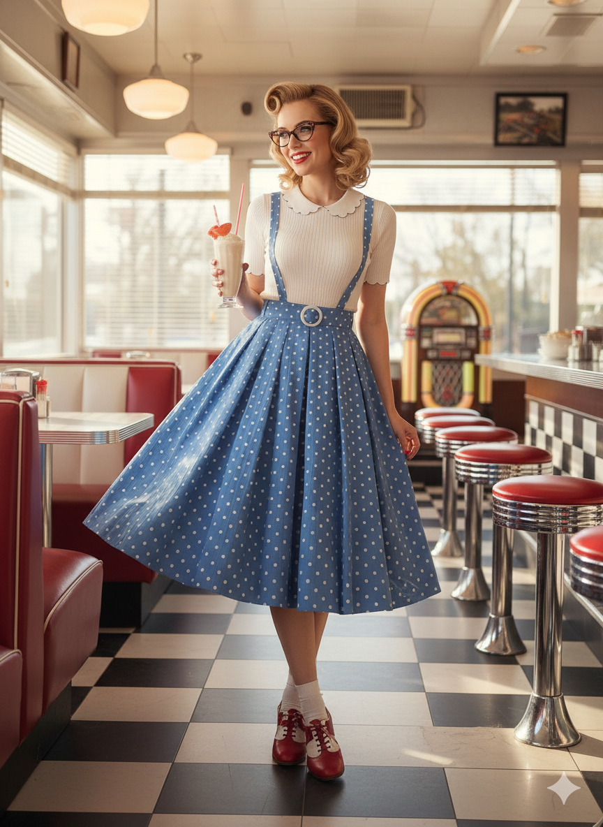 Vintage Polka Dot Suspender Swing Skirt - Retro Pin-Up Midi Skirt with Sashes