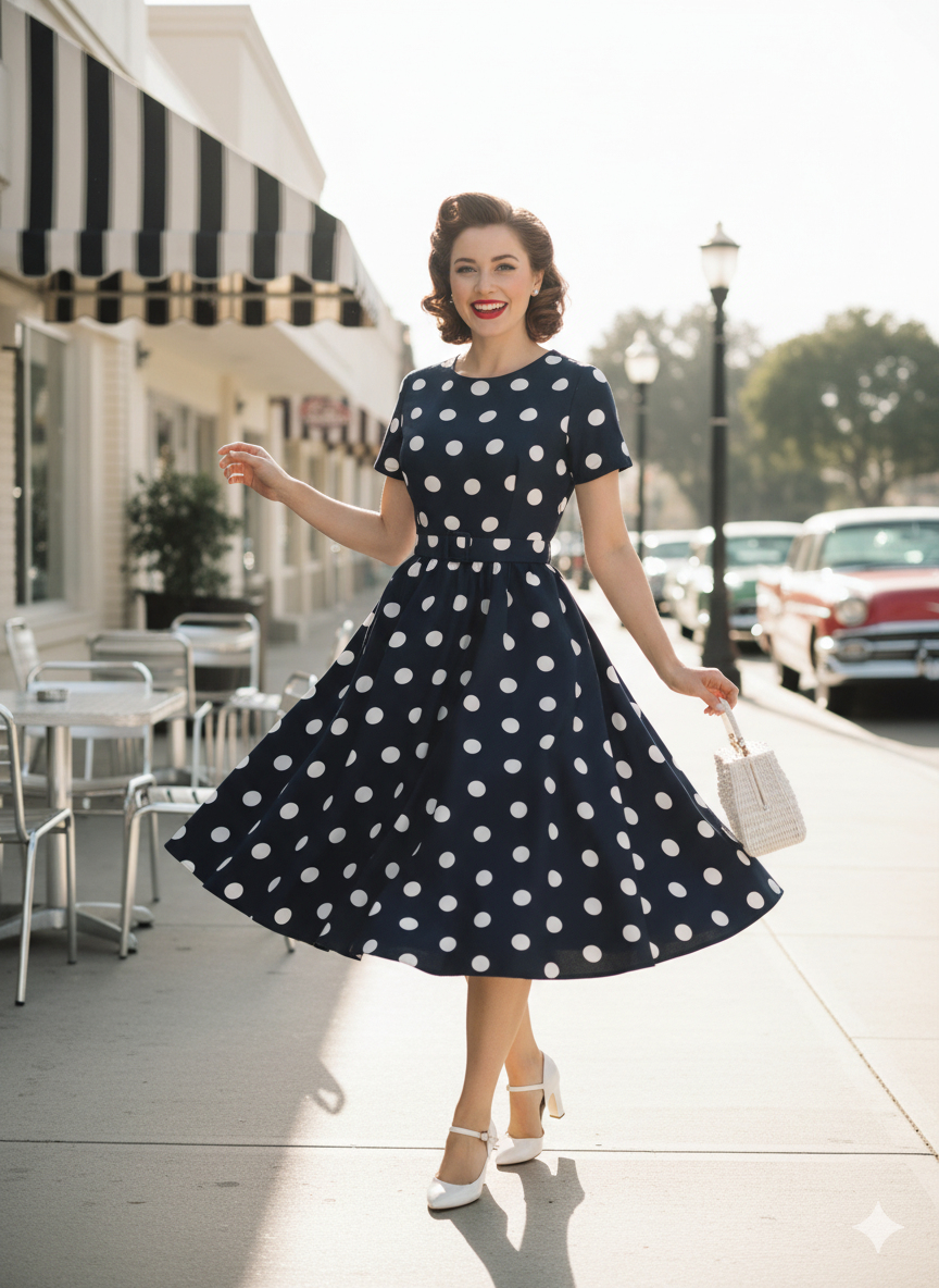 Chic 1950s Polka Dot Swing Dress - Vintage Inspired Pin-Up Perfect