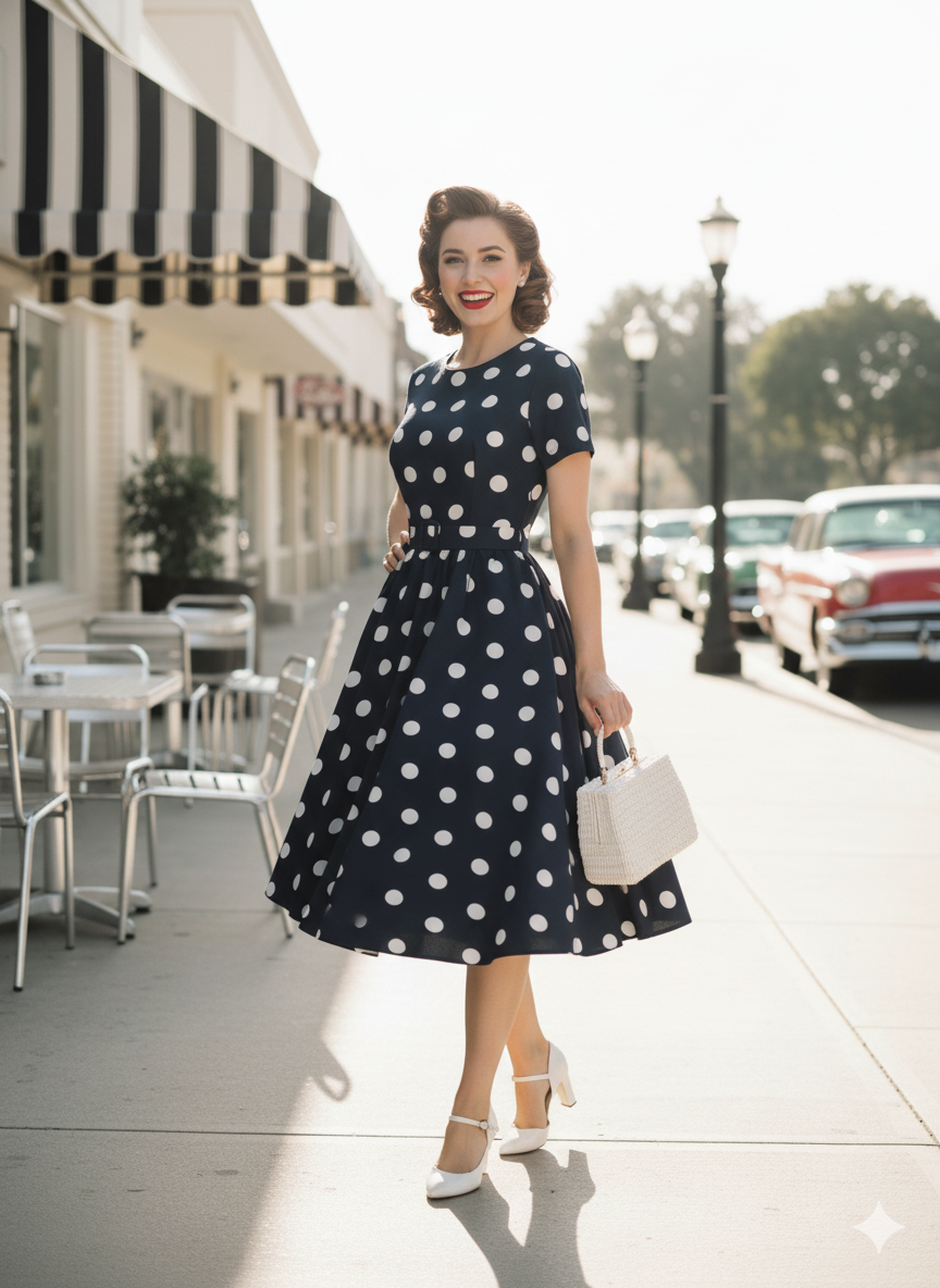 Chic 1950s Polka Dot Swing Dress - Vintage Inspired Pin-Up Perfect