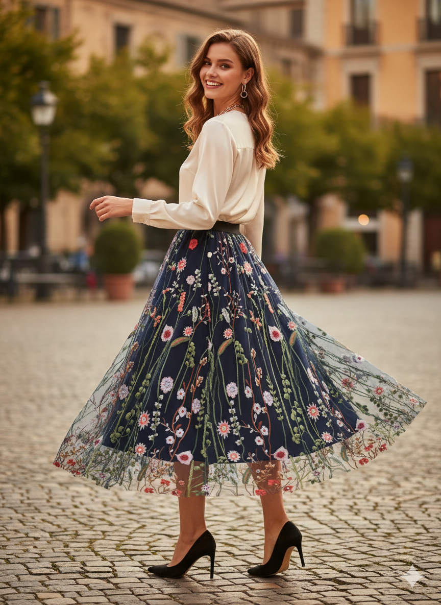 Enchanted Garden Embroidered Tulle Midi Skirt - Whimsical Floral Elegance