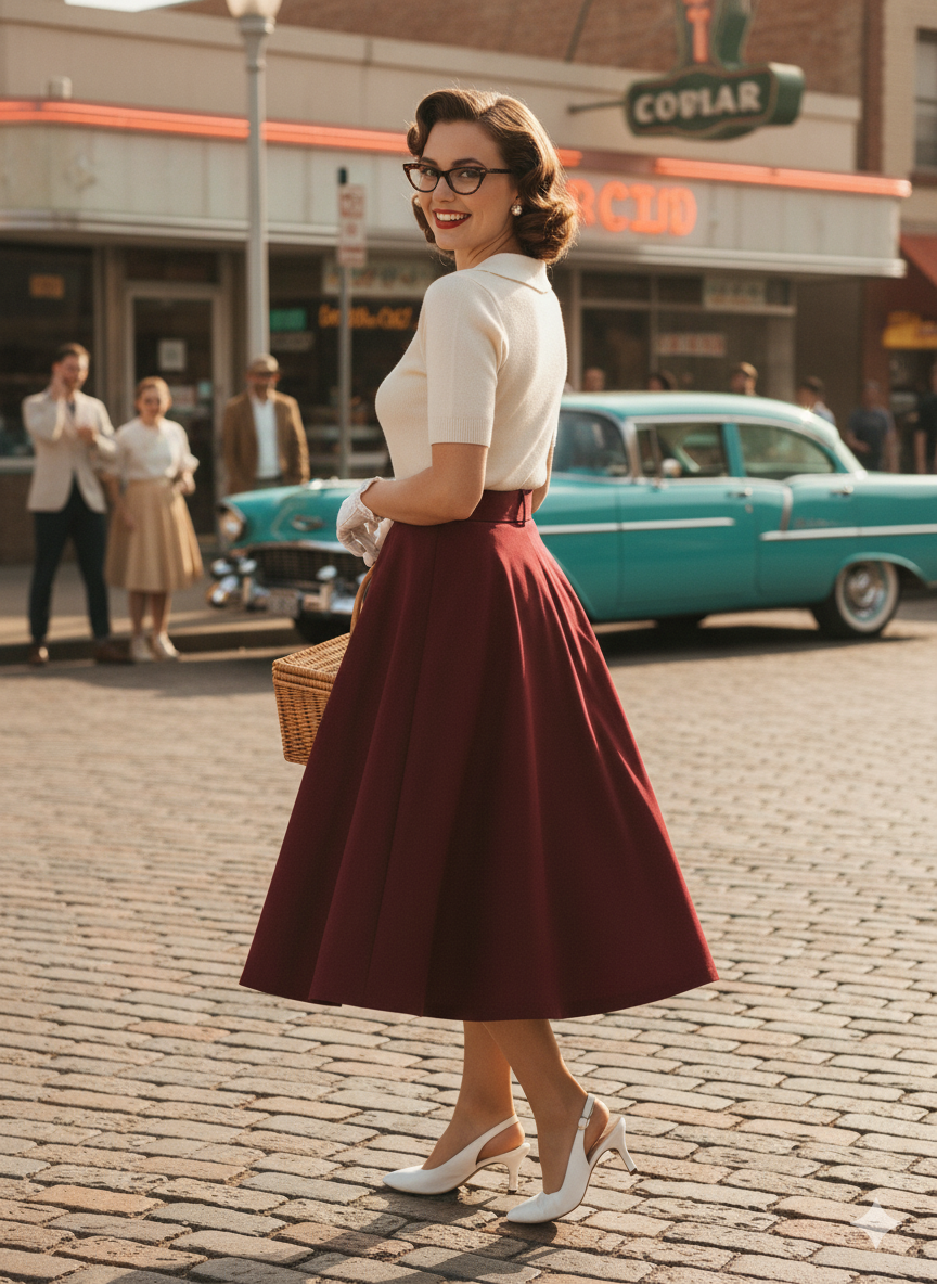 Vintage A-Line Button-Front Pleated Midi Skirt with Belt and Pockets