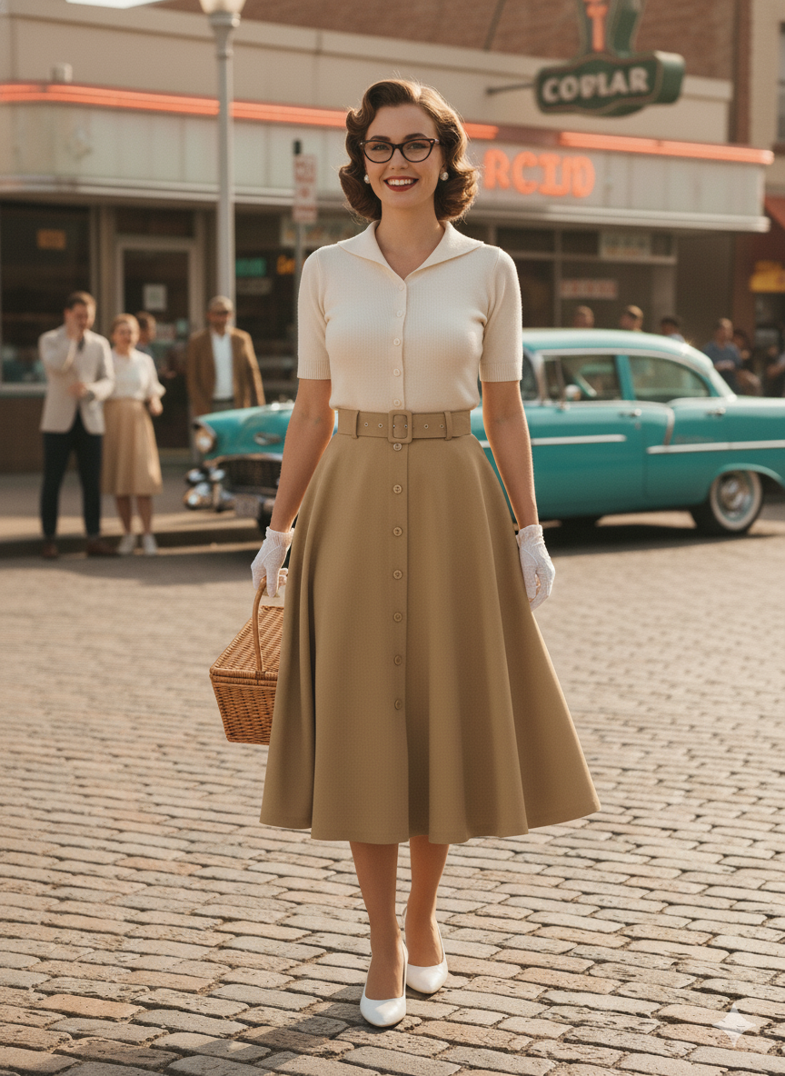 Vintage A-Line Button-Front Pleated Midi Skirt with Belt and Pockets