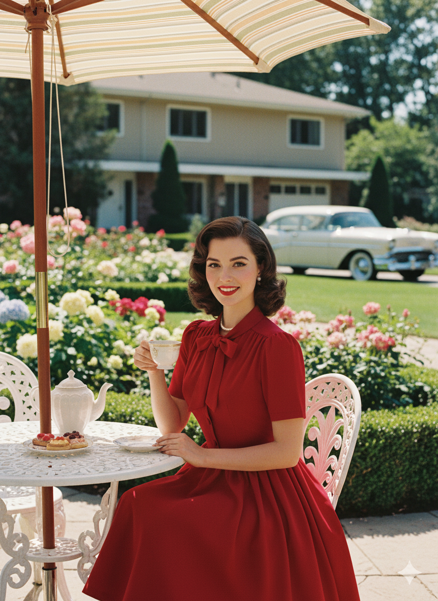 Vintage Inspired 1950s Bow Tie Neck Short Sleeve Swing Dress