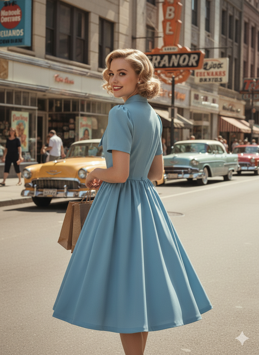 Vintage Inspired 1950s Bow Tie Neck Short Sleeve Swing Dress