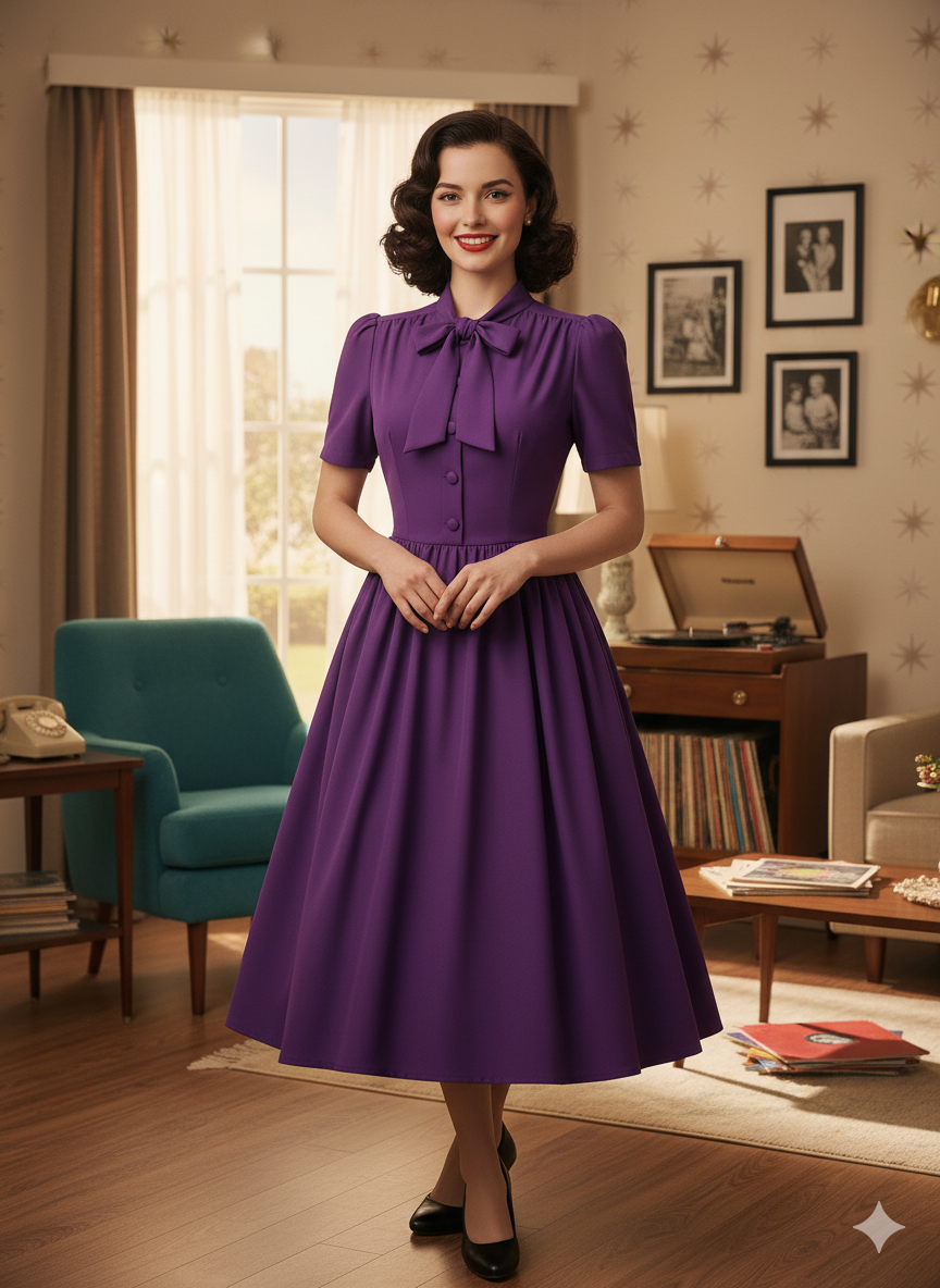 Vintage Inspired 1950s Bow Tie Neck Short Sleeve Swing Dress