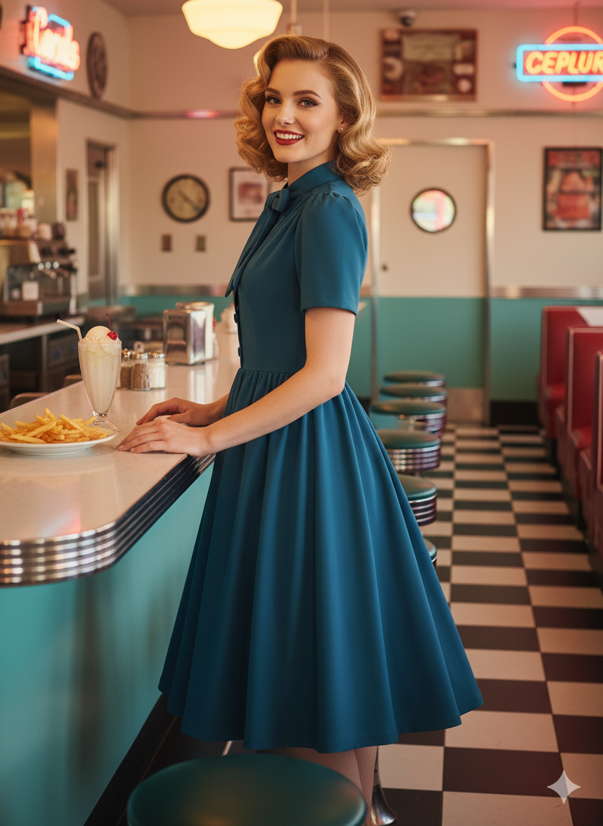 Vintage Inspired 1950s Bow Tie Neck Short Sleeve Swing Dress