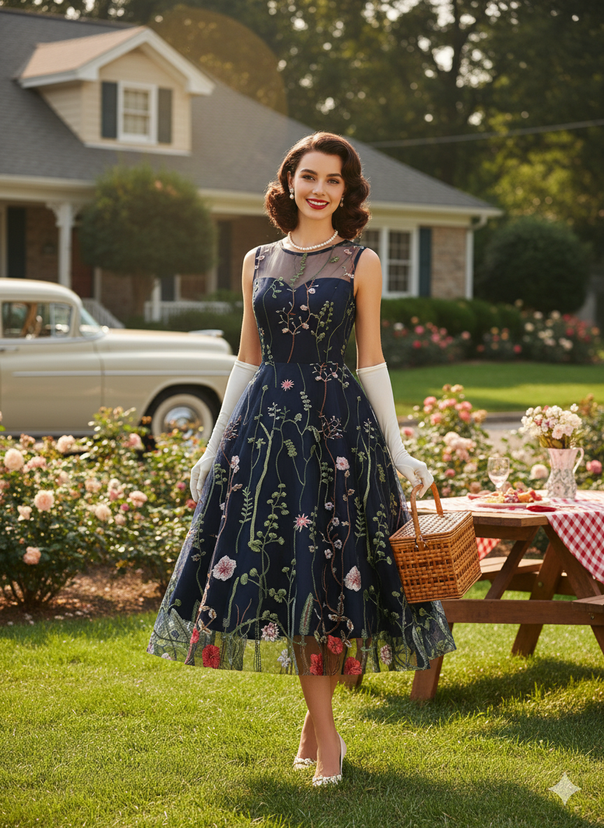 Elegant 1950s Vintage Floral Embroidered Mesh Swing Dress - Illusion Neckline