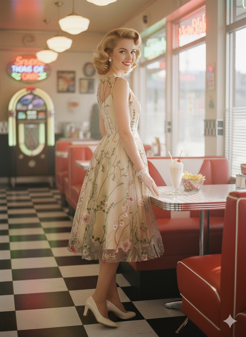 Elegant 1950s Vintage Floral Embroidered Mesh Swing Dress - Illusion Neckline