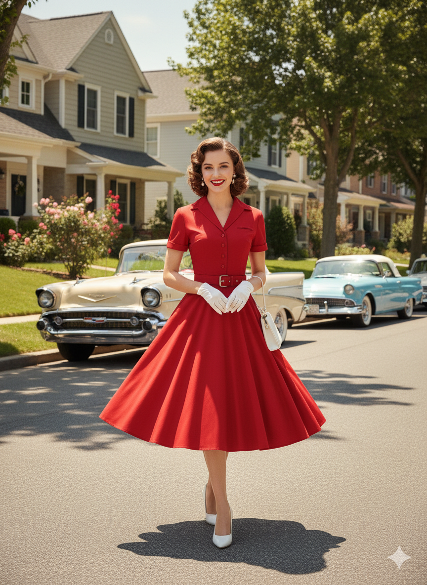 Classic 1950s Vintage Shirtwaist Swing Dress with Belt - Retro Button-Up Midi