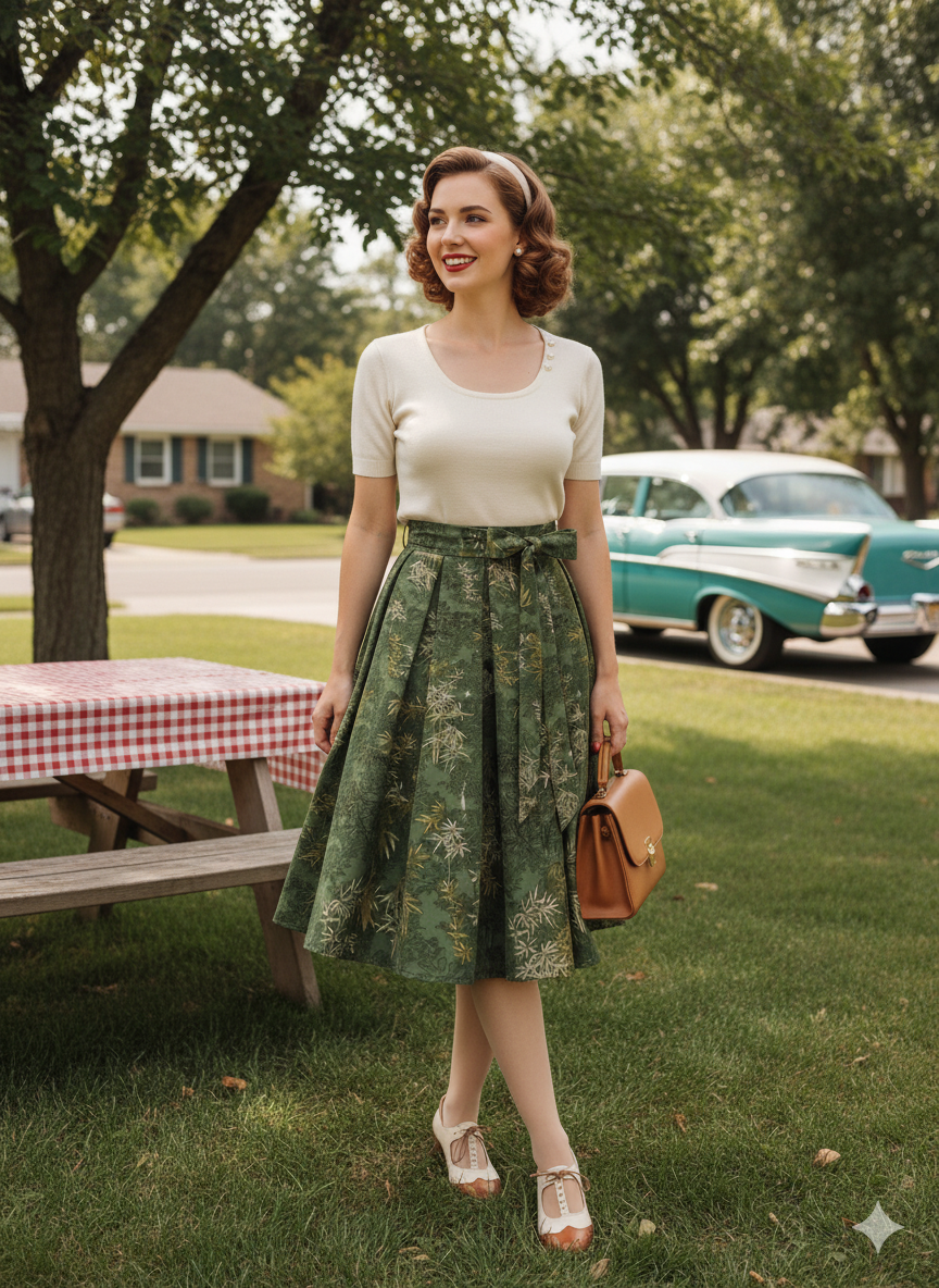 The "Bamboo Grove" 1950s Swing Skirt - Vintage Inspired Full Midi Skirt