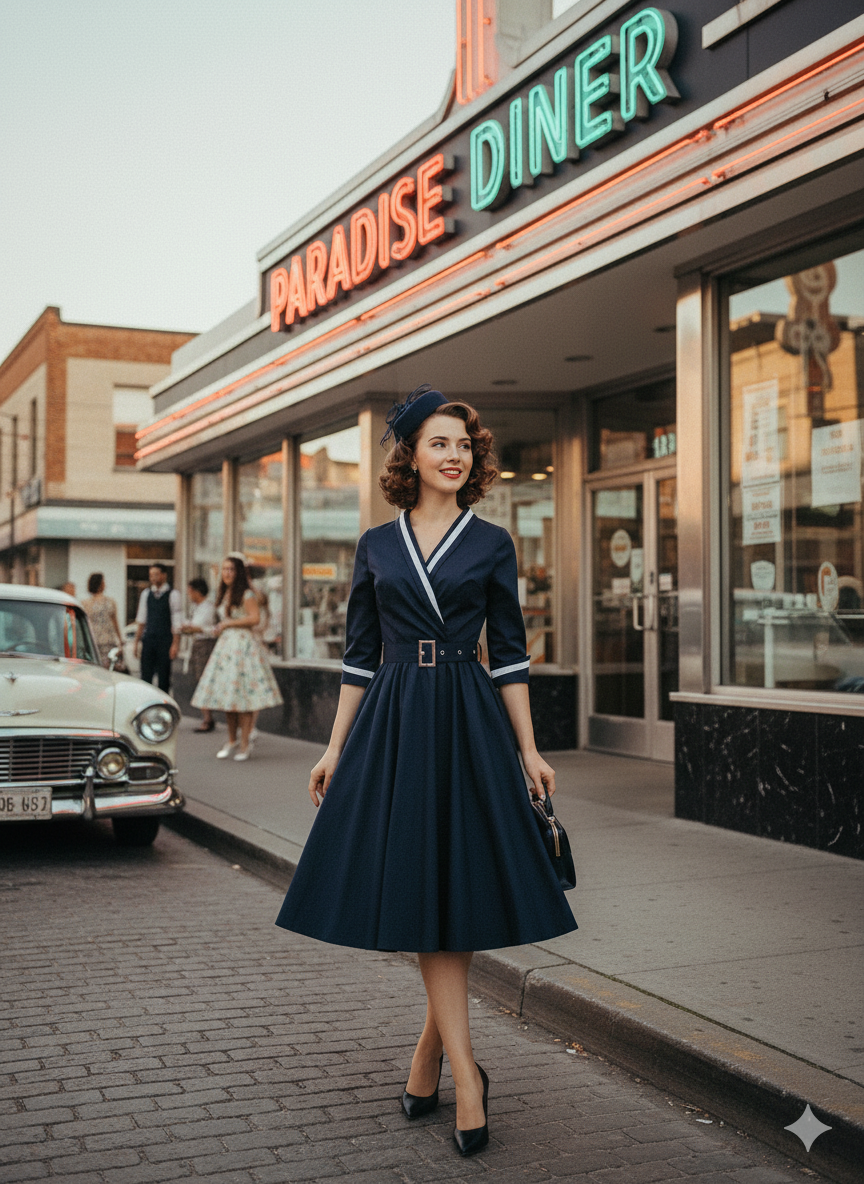 Chic Vintage V-Neck Swing Dress - Classic 1950s Inspired Retro Pinup Midi