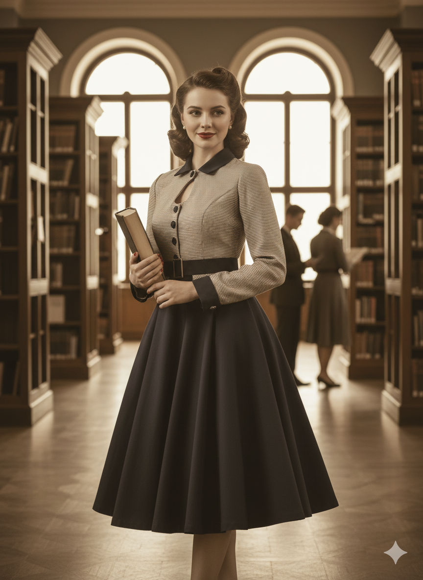 The 'Sophisticated Scholar' Vintage-Inspired Two-Tone Midi Dress - Navy & Pinstripe