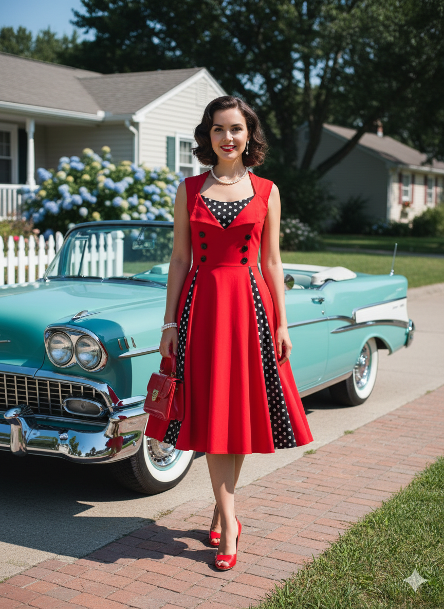 The 'Rockabilly Rendezvous' 1950s Swing Dress - Polka Dot Accent Vintage Midi