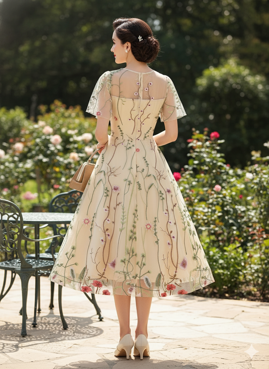 Enchanting Elegance: The "Floral Reverie" Embroidered Mesh Dress!