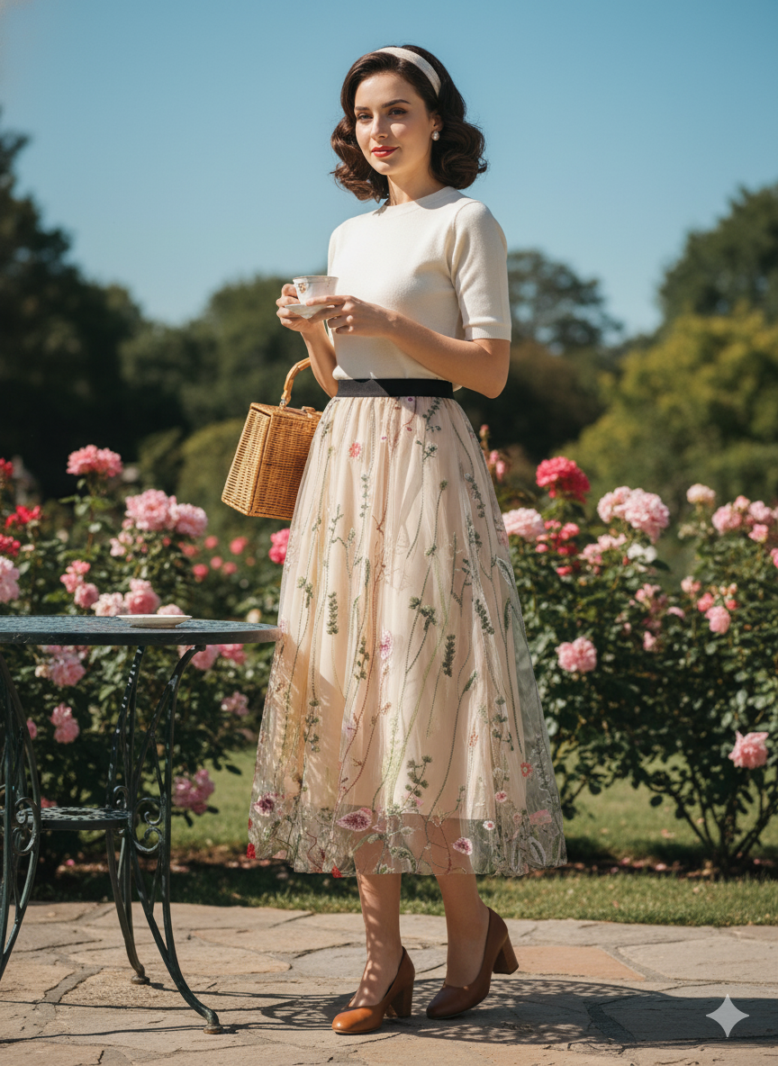 Enchanted Garden Embroidered Tulle Midi Skirt - Whimsical Floral Elegance