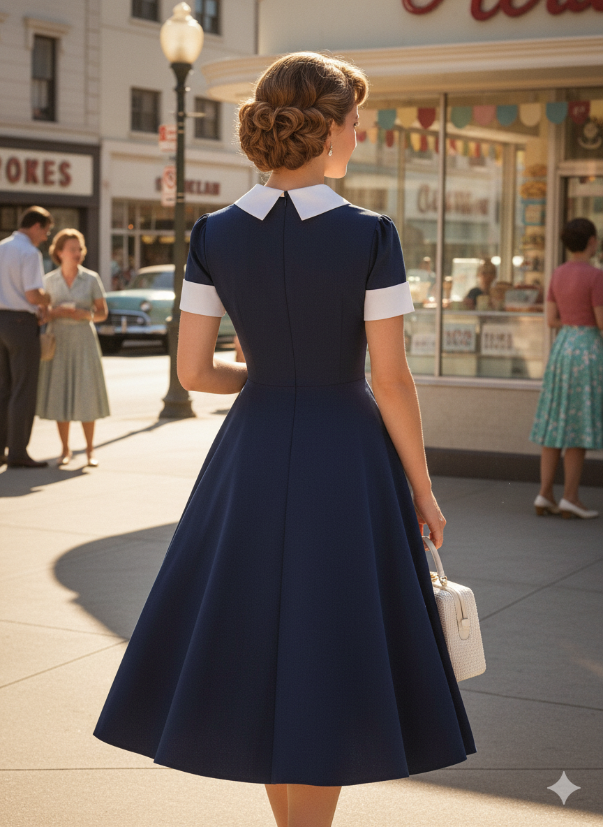 Sophisticated Siren 1950s Sailor Collar Swing Dress