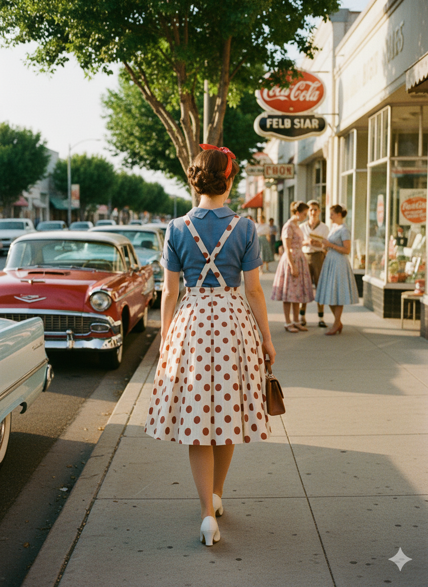 Vintage Polka Dot Suspender Swing Skirt - Retro Pin-Up Midi Skirt with Sashes