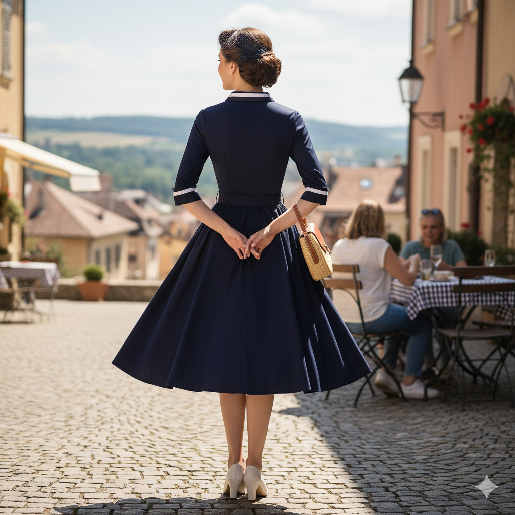 Chic Vintage V-Neck Swing Dress - Classic 1950s Inspired Retro Pinup Midi