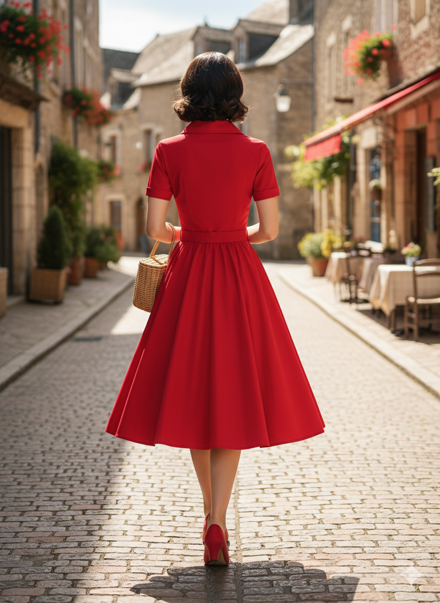 Classic 1950s Vintage Shirtwaist Swing Dress with Belt - Retro Button-Up Midi