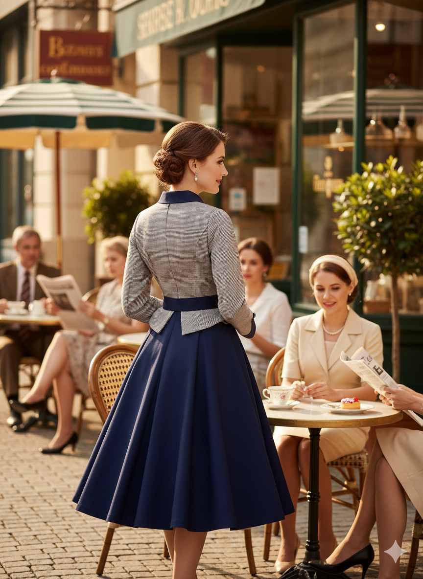 The 'Sophisticated Scholar' Vintage-Inspired Two-Tone Midi Dress - Navy & Pinstripe