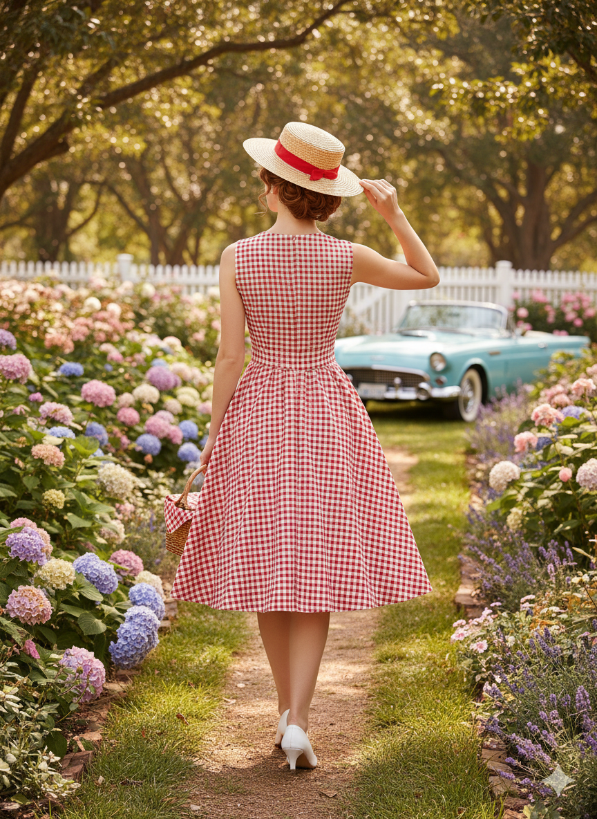 Sweetheart Gingham Swing Dress - 1950s Retro Picnic Perfect