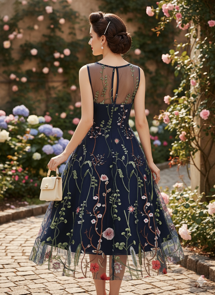 Elegant 1950s Vintage Floral Embroidered Mesh Swing Dress - Illusion Neckline