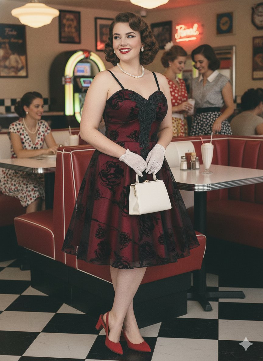 Vintage Red Lace Knee-Length Dress