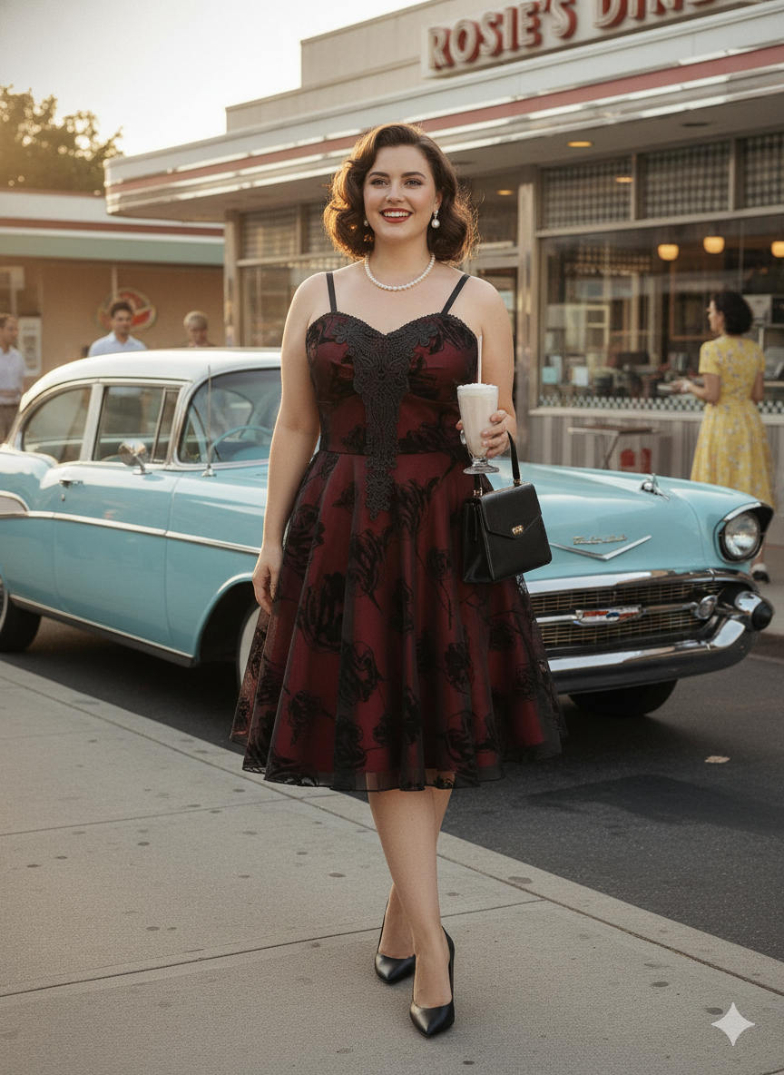 Vintage Red Lace Knee-Length Dress