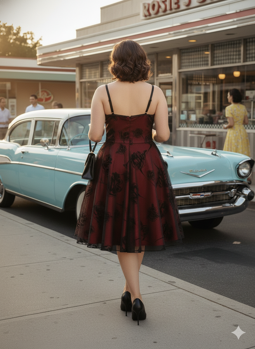 Vintage Red Lace Knee-Length Dress