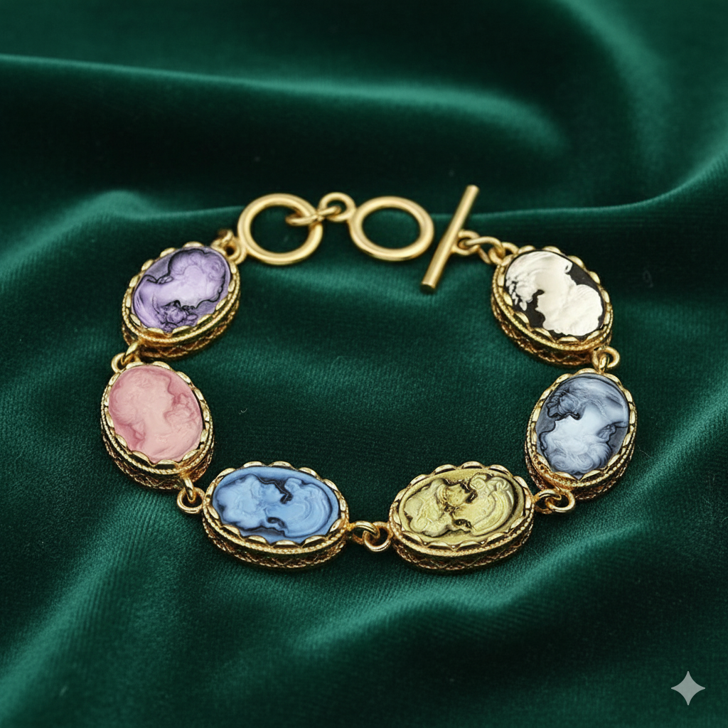 Victorian Elegance Resin Cameo Bracelet - Antique Toggle Clasp - Mid-Century Heirloom