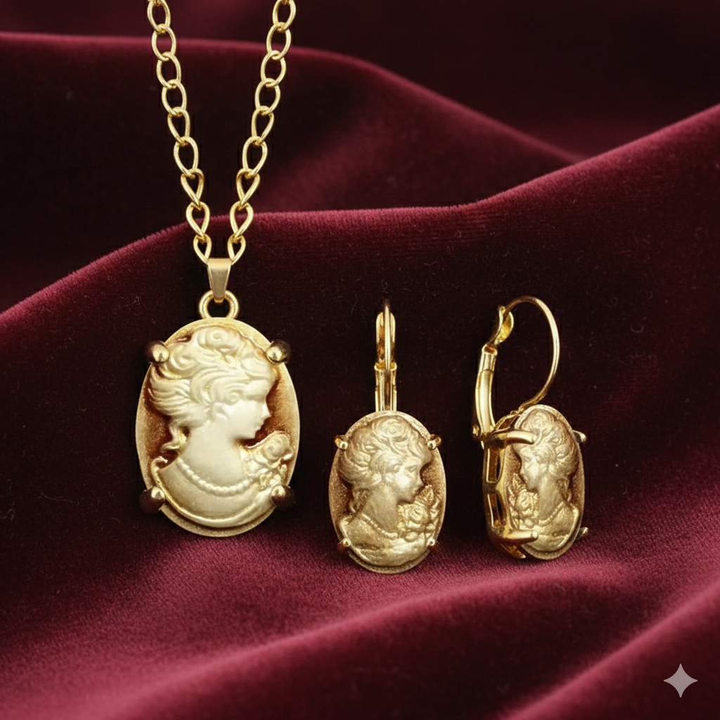 Lady Queen Cameo Jewelry Set – Necklace &amp; Earrings (1890s Inspired)