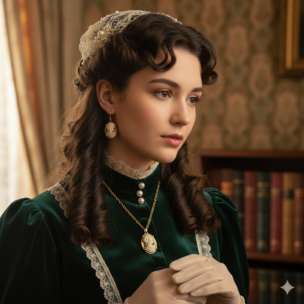 Lady Queen Cameo Jewelry Set – Necklace &amp; Earrings (1890s Inspired)