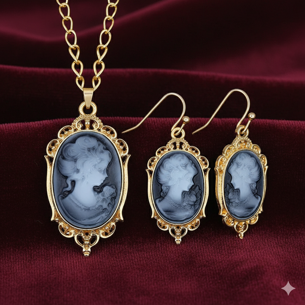 Lady Queen Cameo Jewelry Set – Necklace & Earrings (1890s Inspired)
