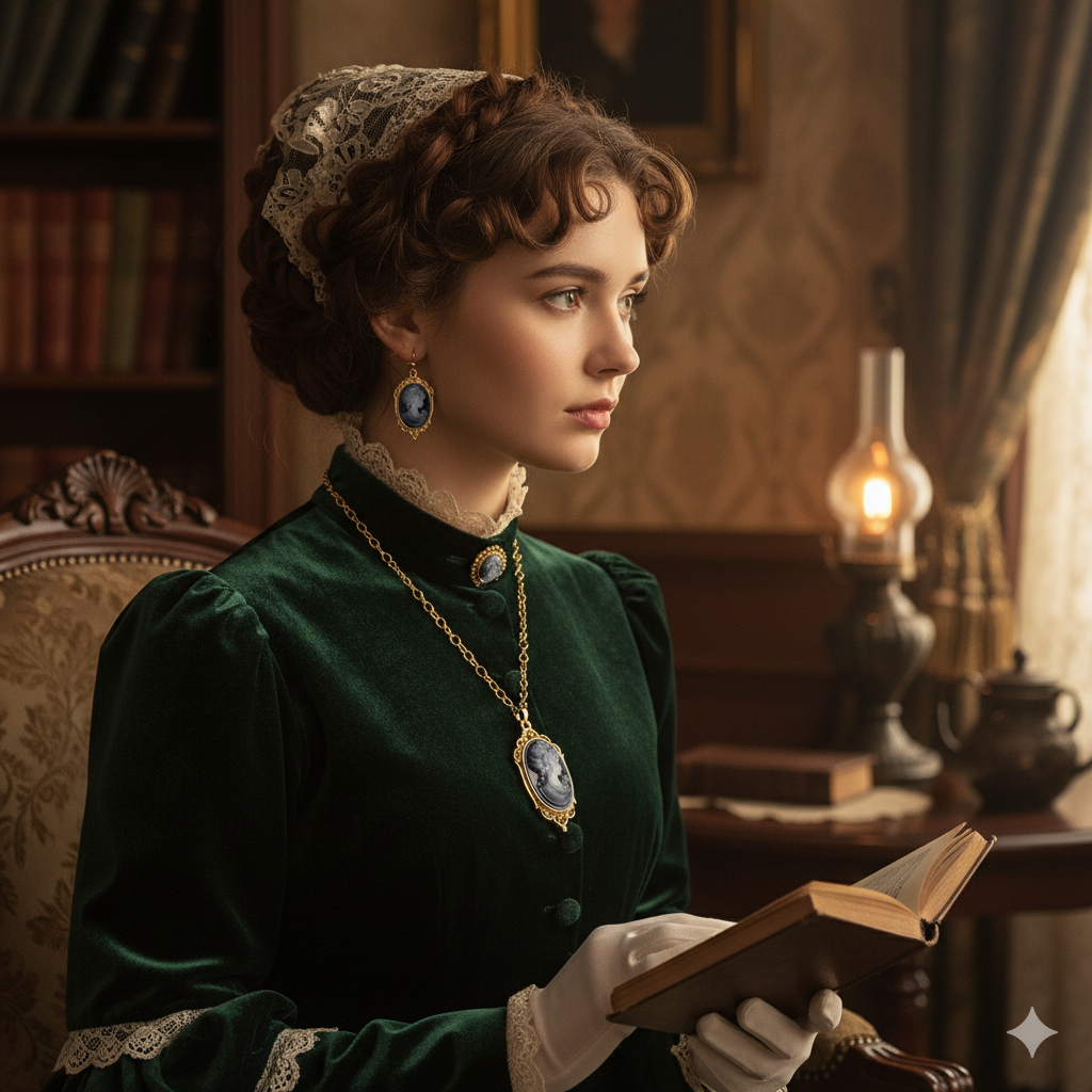 Lady Queen Cameo Jewelry Set – Necklace & Earrings (1890s Inspired)