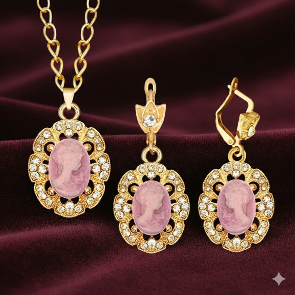 Lady Queen Pink Cameo Jewelry Set – Necklace & Earrings (1890s Inspired)
