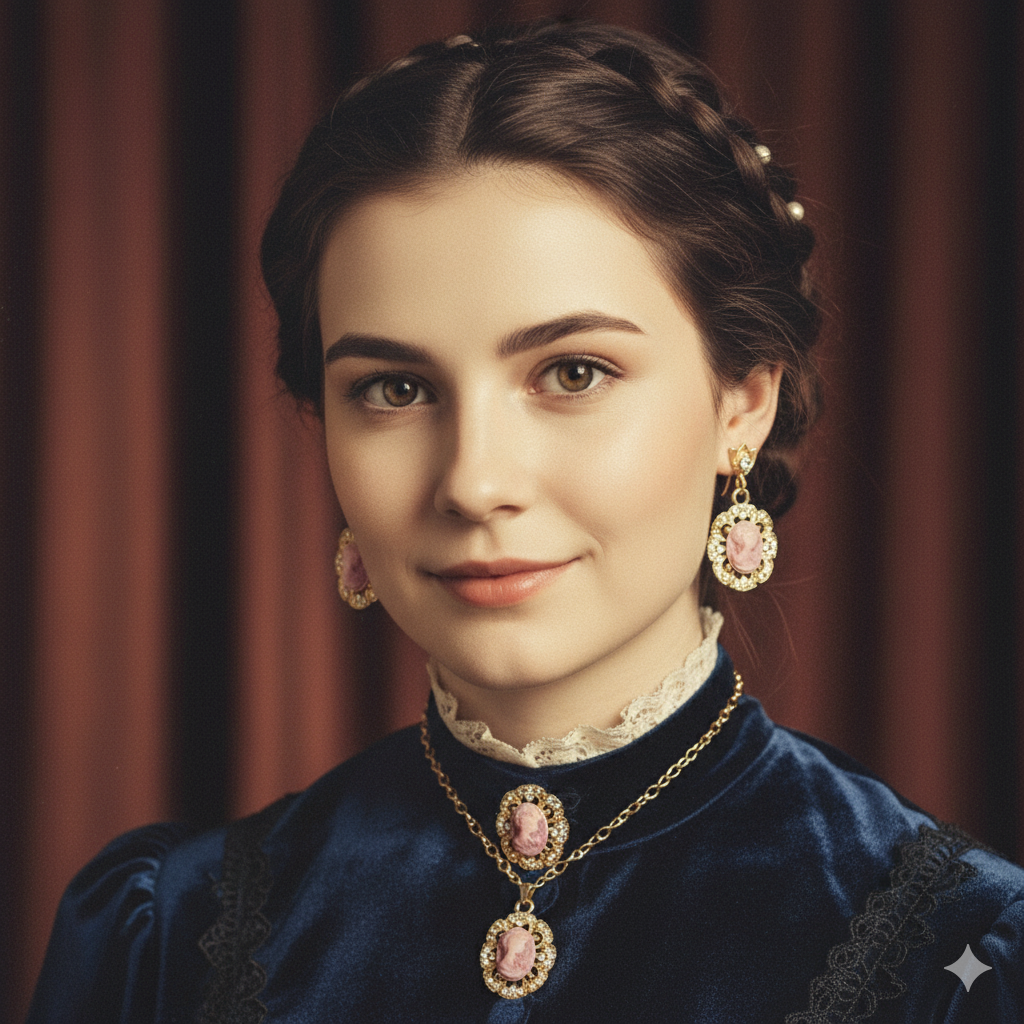 Lady Queen Pink Cameo Jewelry Set – Necklace & Earrings (1890s Inspired)