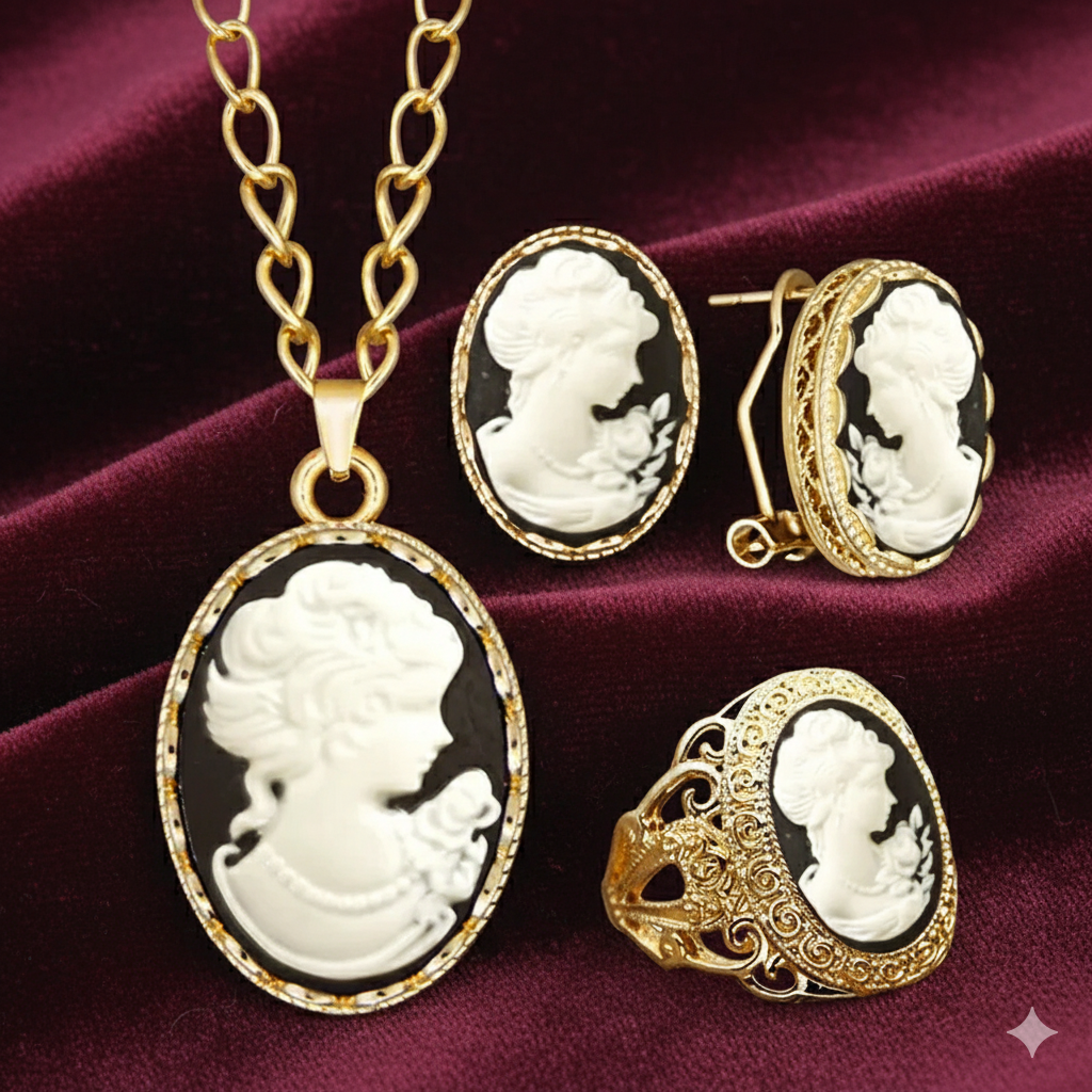Lady Queen Cameo Jewelry Set (Necklace, Earrings & Ring)