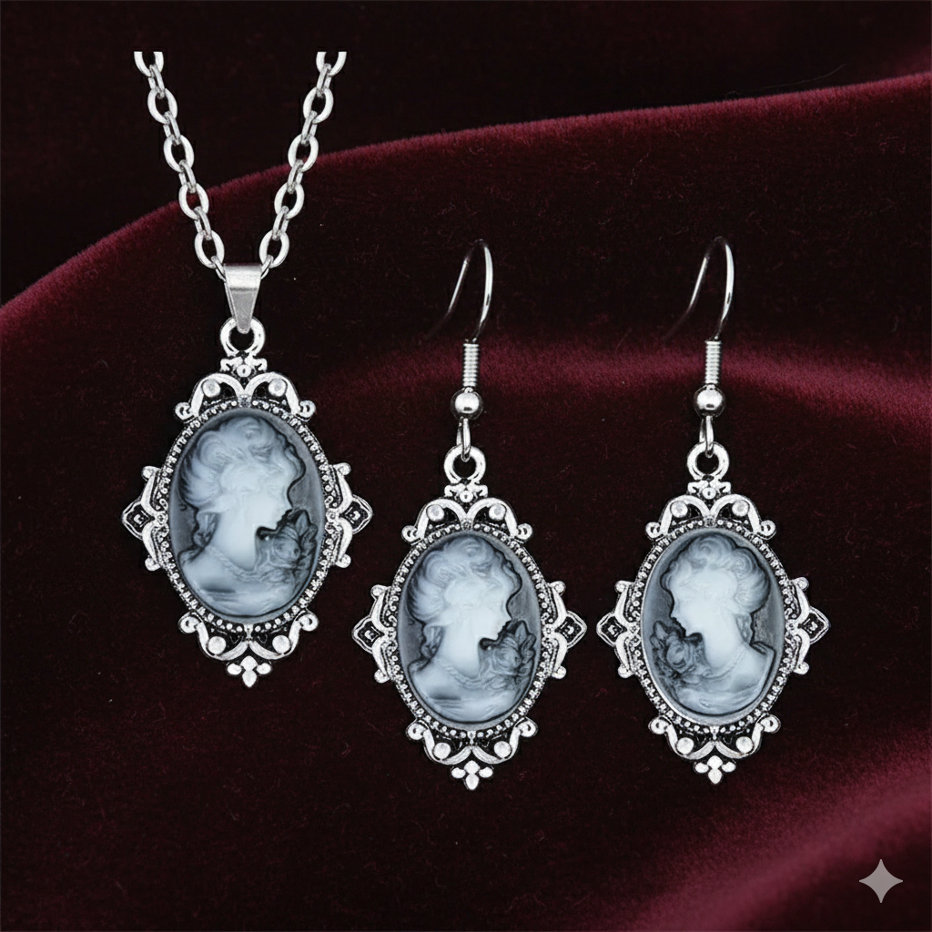 Lady Queen Cameo Jewelry Set – Flower Pendant Necklace & Earrings (1890s Inspired)