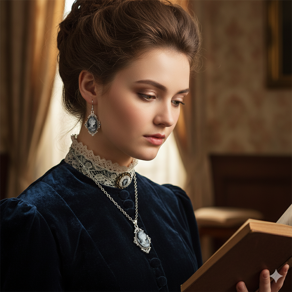 Lady Queen Cameo Jewelry Set – Flower Pendant Necklace & Earrings (1890s Inspired)