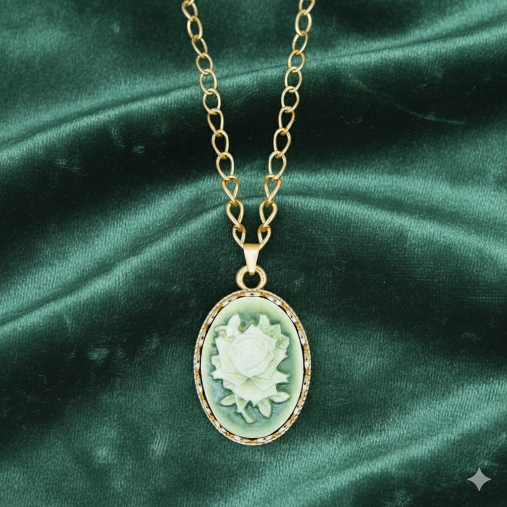 Green Flower Cameo Pendant Necklace (1890s Inspired)