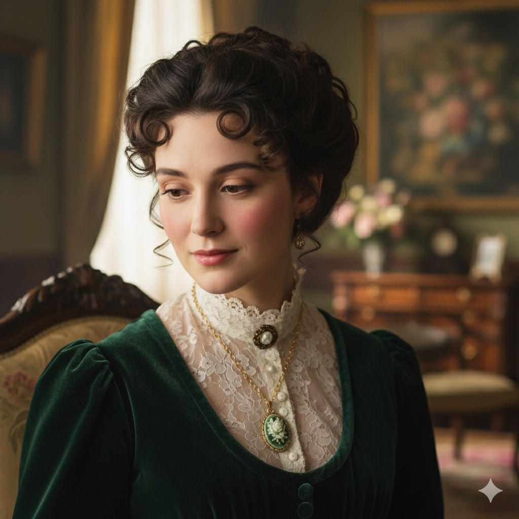 Green Flower Cameo Pendant Necklace (1890s Inspired)