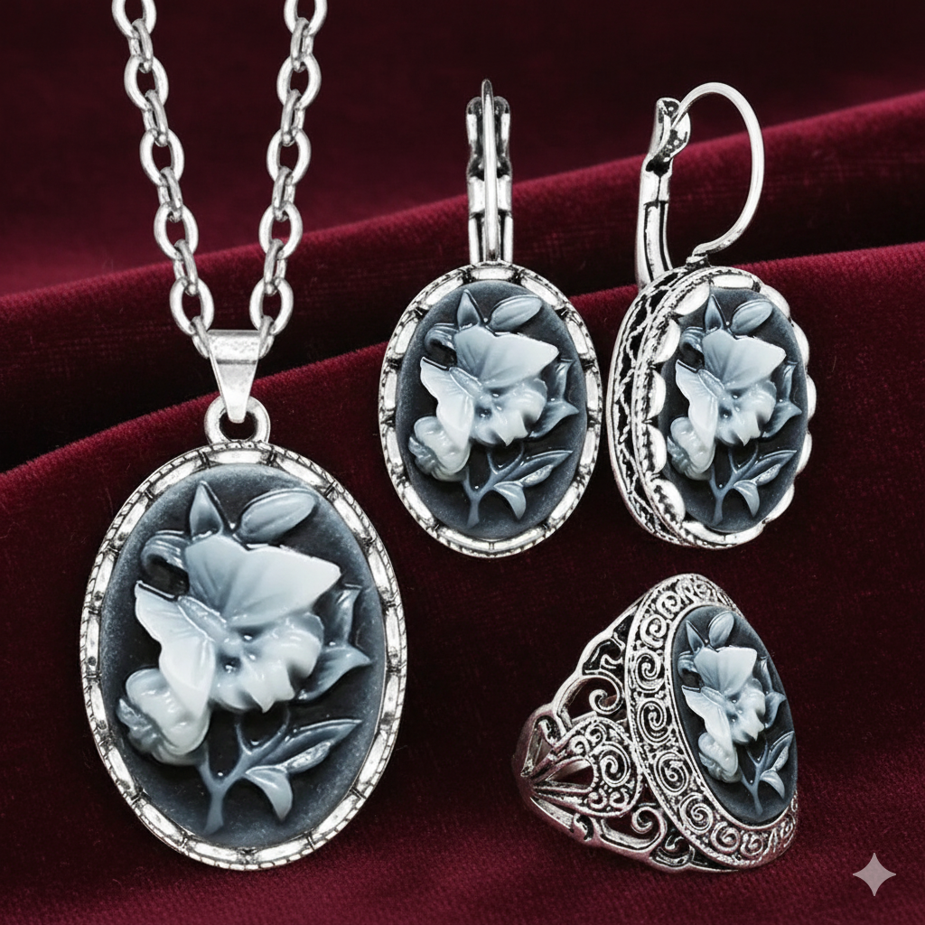 Oval Butterfly Plant Cameo Jewelry Set (Necklace, Earrings & Ring)