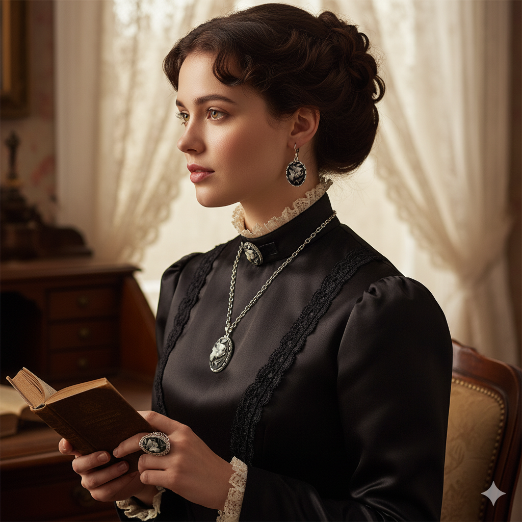 Oval Butterfly Plant Cameo Jewelry Set (Necklace, Earrings & Ring)