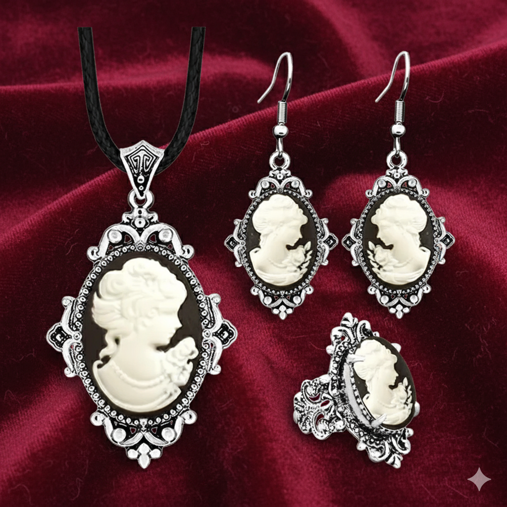 Lady Queen Cameo Jewelry Set (Necklace, Earrings & Ring)
