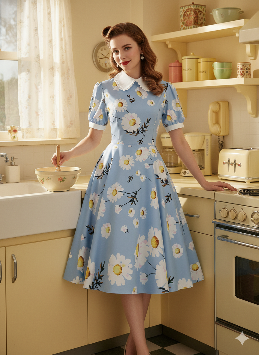 Vintage Daisy Print Peter Pan Collar Dress