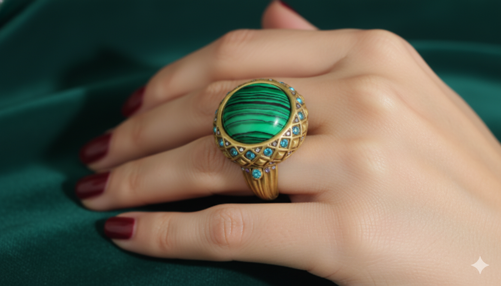 Vintage-Inspired Malachite Statement Ring – 18K Gold-Plated Copper
