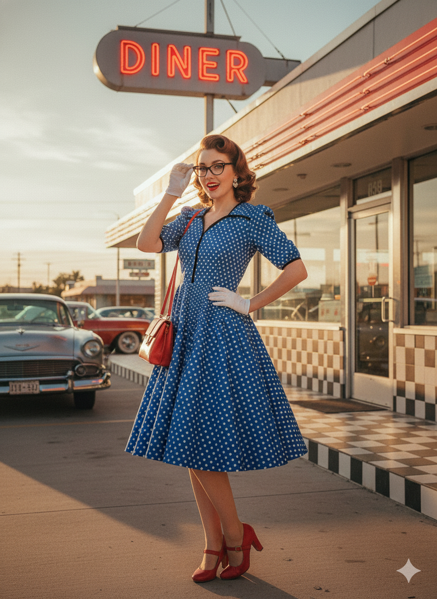 Vintage Polka Dot Swing Dress - Polyester Retro Rockabilly Dress