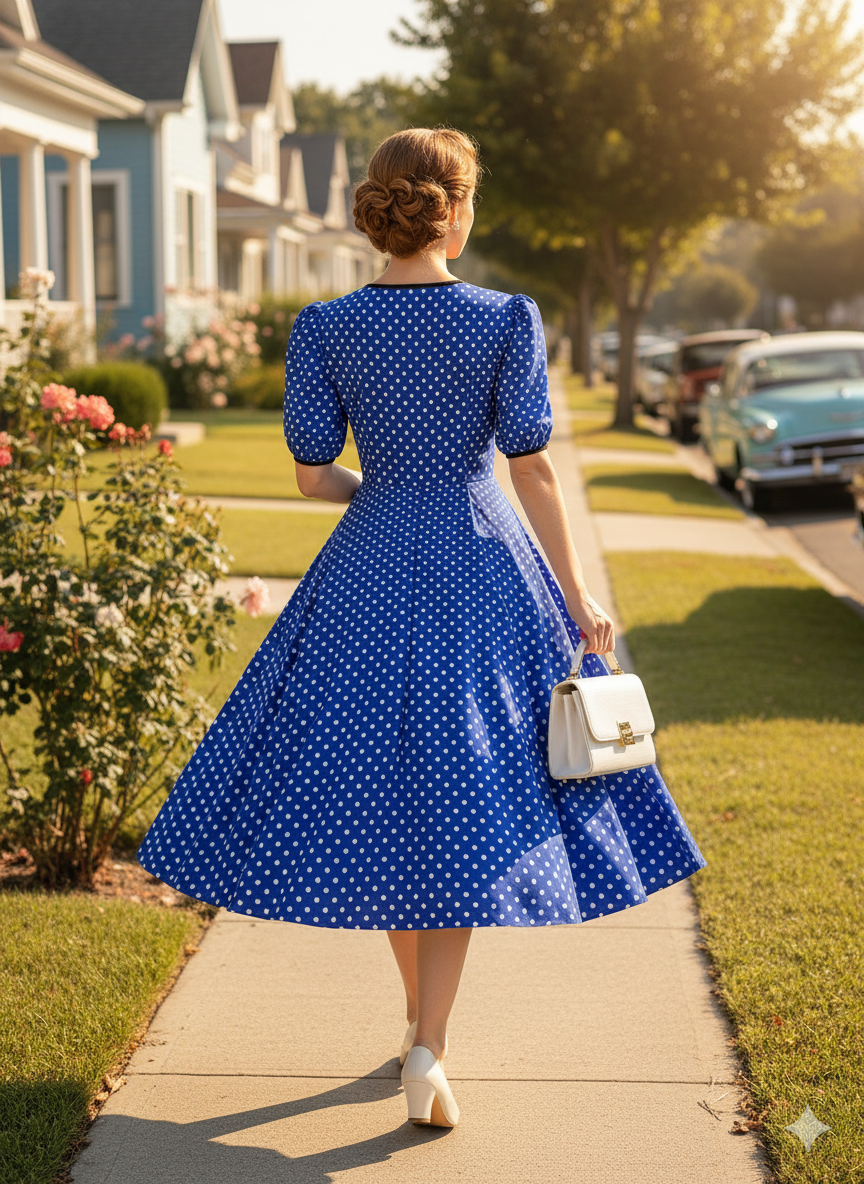 Vintage Polka Dot Swing Dress - Polyester Retro Rockabilly Dress