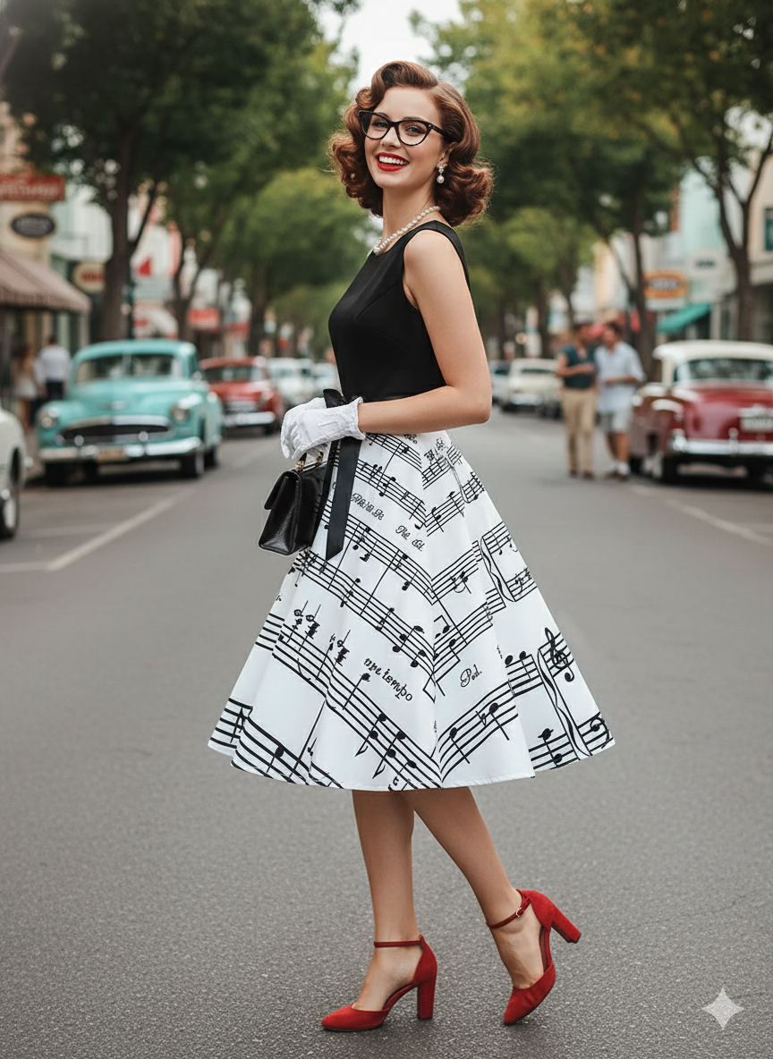 Vintage Musical Note Print Swing Dress