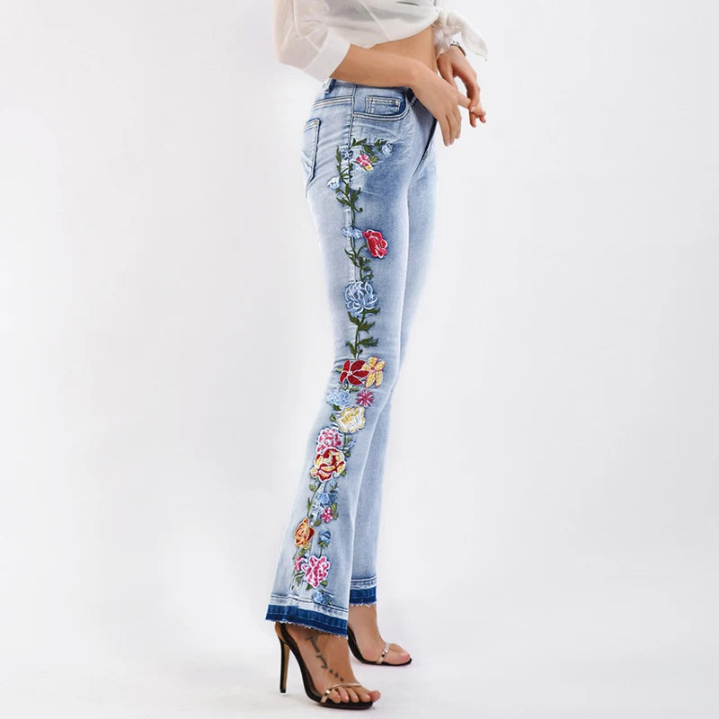 Embroidered Side Elegant Skinny Flare Jeans - Vintage Style